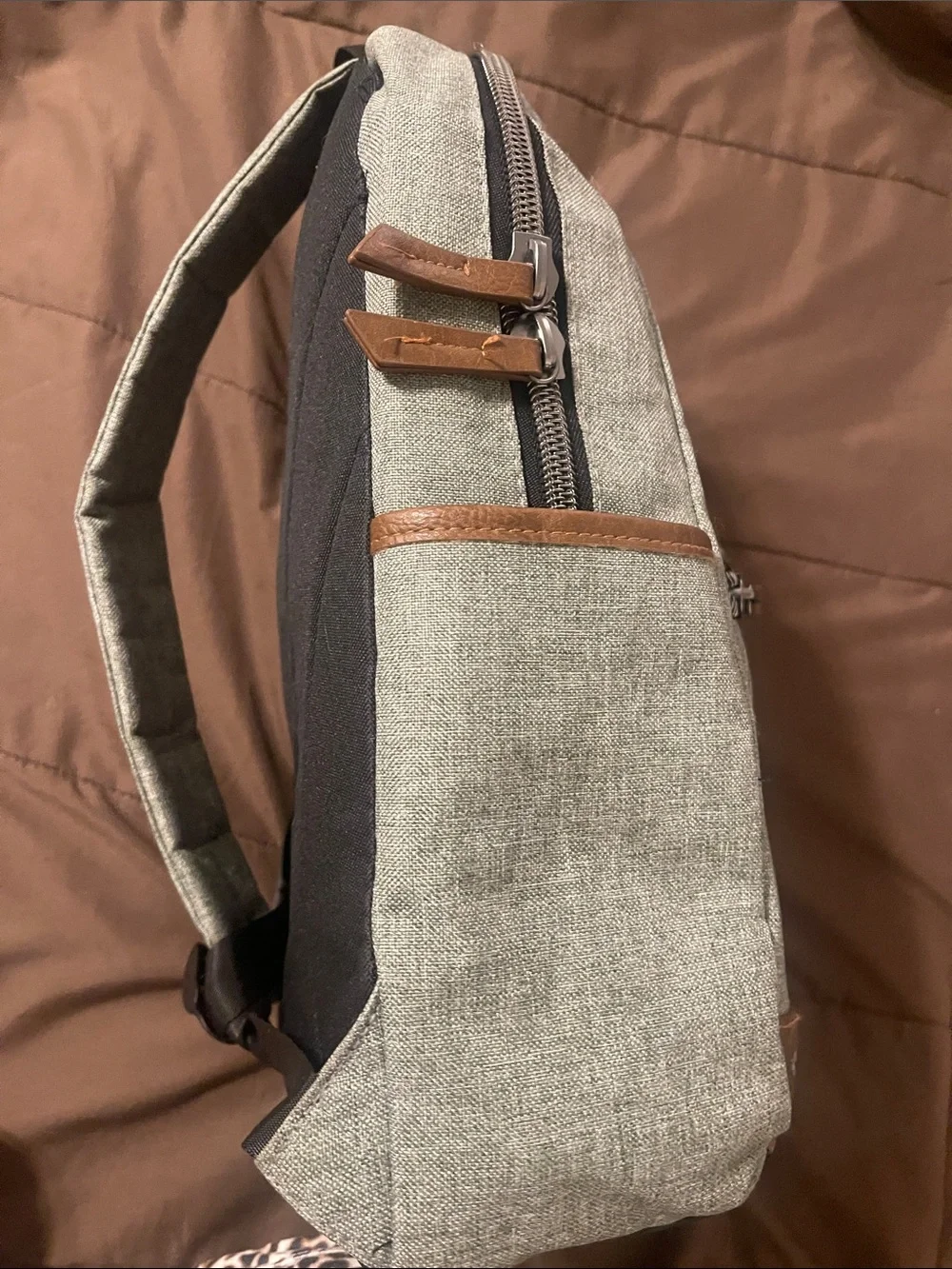 Boys Grey Canvas Backpack with Brown Trim - Casual Everyday Bag